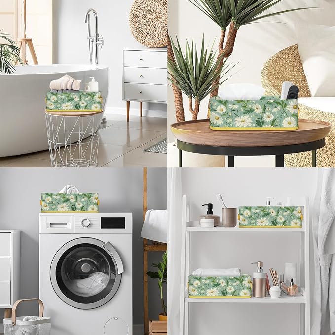 Daisy Green White Flowers Bathroom Storage Basket, Foldable - Image 5