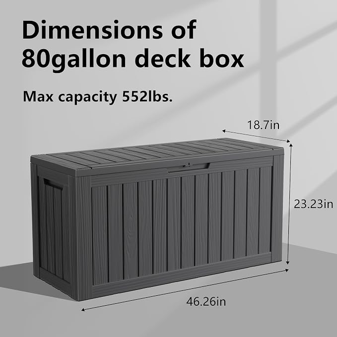 80 Gallon Resin Deck Box, Outdoor Waterproof Storage Containers, Lockable Patio - Image 2