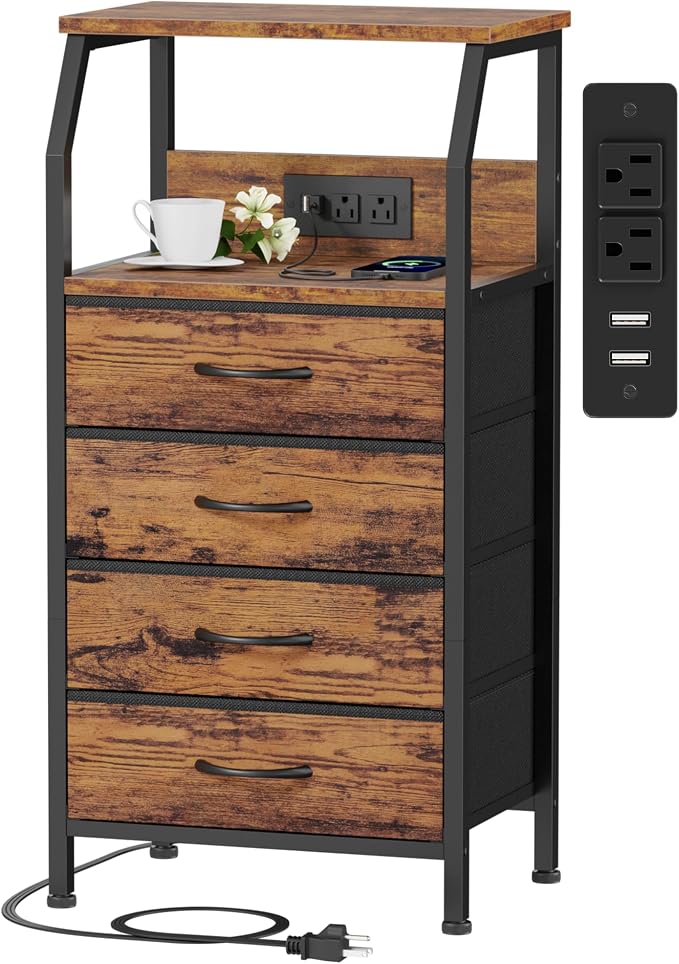 Furnulem Night Stand with Charging Station, 4 Drawers Tall Bedside Table | by Furnulem