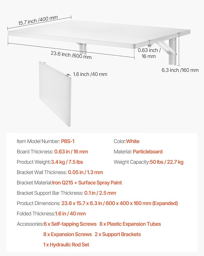 VEVOR Wall Mounted Folding Table, 23.6 x 15.7 inches Wall Mount Table, Floating - Image 7