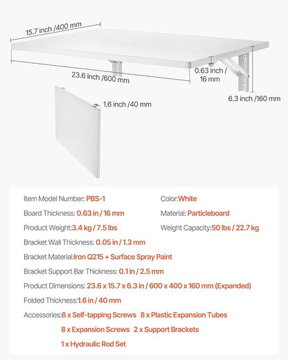 VEVOR Wall Mounted Folding Table, 23.6 x 15.7 inches Wall Mount Table, Floating - Image 7