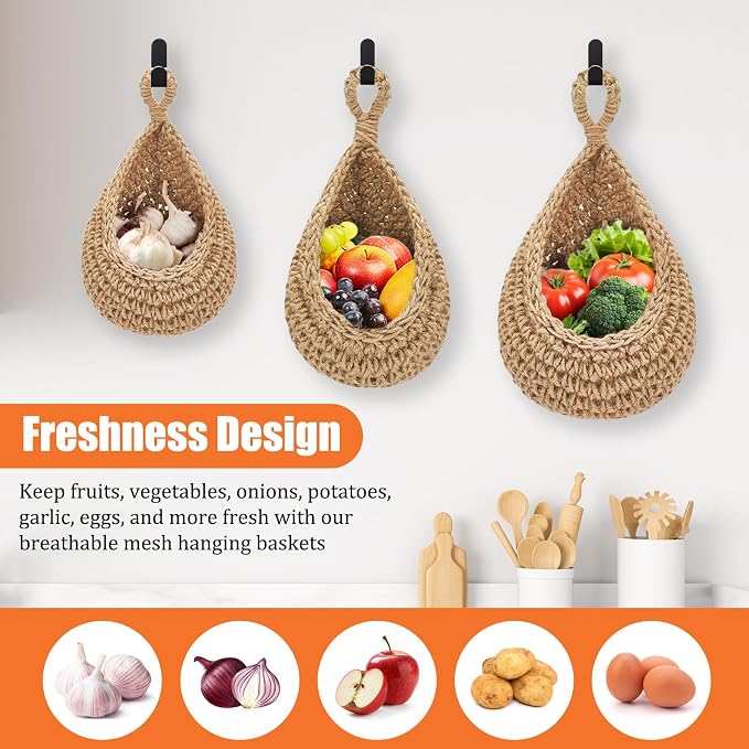 Hanging Fruit Baskets for Kitchen, 3 Pack Boho Hanging Wall Basket - Image 2