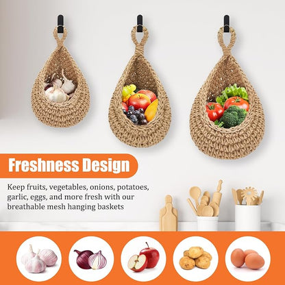 Hanging Fruit Baskets for Kitchen, 3 Pack Boho Hanging Wall Basket - Image 2