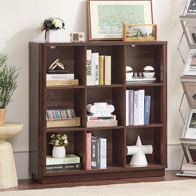 9 Cube Bookshelf, Wood Floor Standing 3-Tier Cubby Book Shelf by Joaxswe