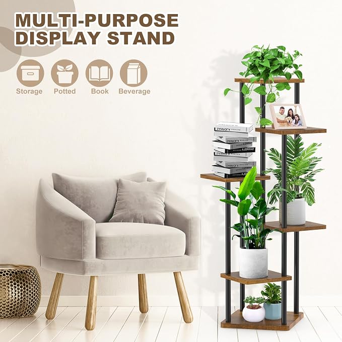 6 Tier Plant Stand Indoor, Thickened Metal Wood Corner Plant Shelf Stands - Image 3