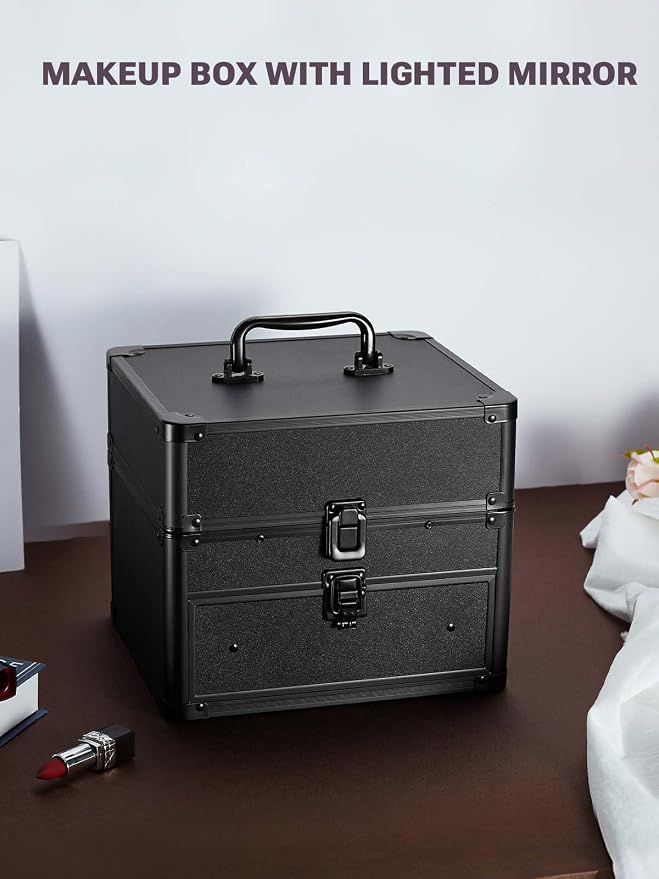 Qislee Makeup Box with Drawer and Four Trays, A Detachable Lighted Mirror - Image 7