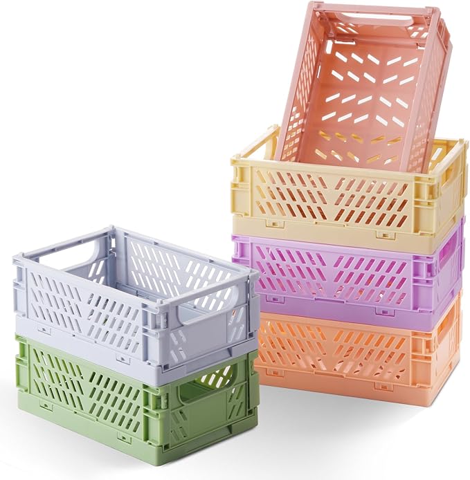 6-Pack Small Pastel Plastic Storage Baskets, Collapsible Crates by HUUSMOT