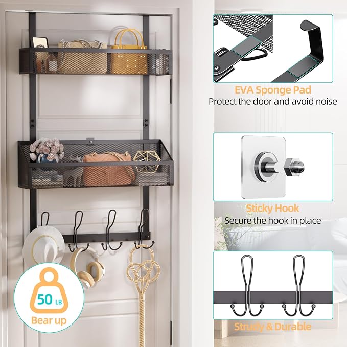 2-Tier Over Door Hook & Basket Organizer 12 Hooks + 2 Mesh Baskets - Image 2