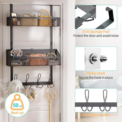 2-Tier Over Door Hook & Basket Organizer 12 Hooks + 2 Mesh Baskets - Image 2