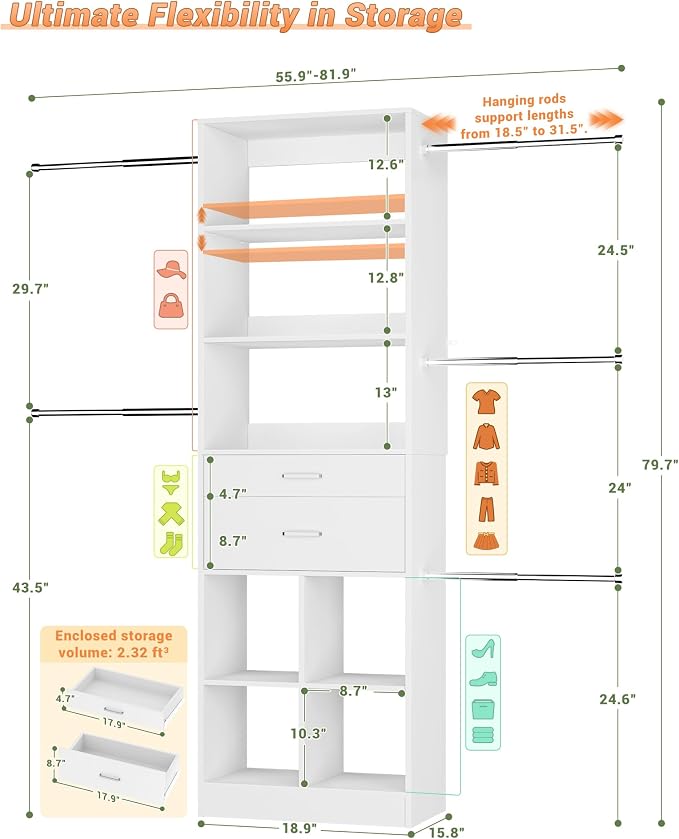 Besiost Small Closet System, 3.2-6.8FT Small Closet Organizer - Image 3