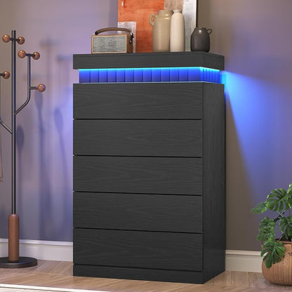 Tall Black 5 Dresser for Bedroom, Sliding Top Storage Space, Modern Wood Drawers - Image 7