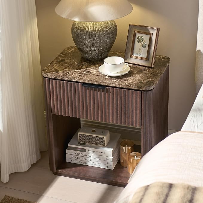 Fluted Nightstand with Drawer, Bedside Table with Faux Marble-Top, Engineered - Image 5