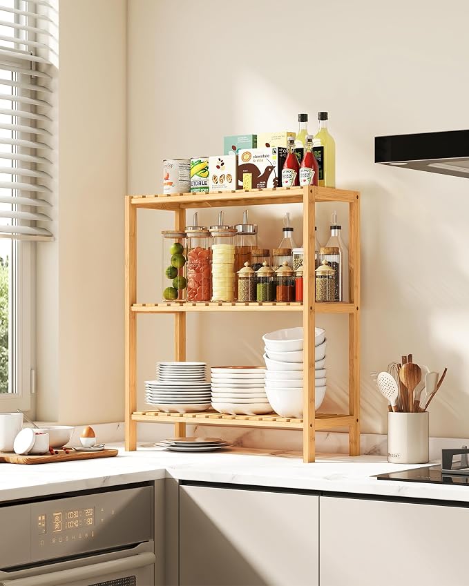 SONGMICS Bamboo Storage Shelf, 3-Tier Shelving Unit, in The Entryway, Living - Image 2