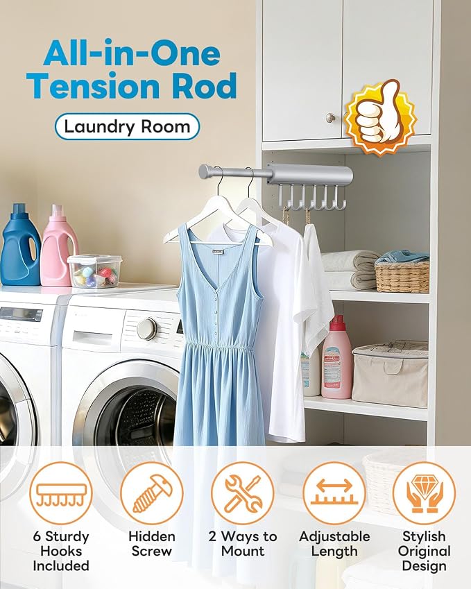 Pull Out Valet Rod, 12 Inches, 6 Hooks | Hidden Screw Design - Image 4
