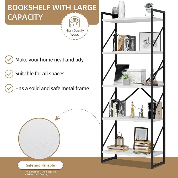 Vongrasig 5 Tier Bookshelf, Modern Tall Bookcase, Industrial Book Shelves - Image 5