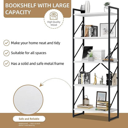 Vongrasig 5 Tier Bookshelf, Modern Tall Bookcase, Industrial Book Shelves - Image 5