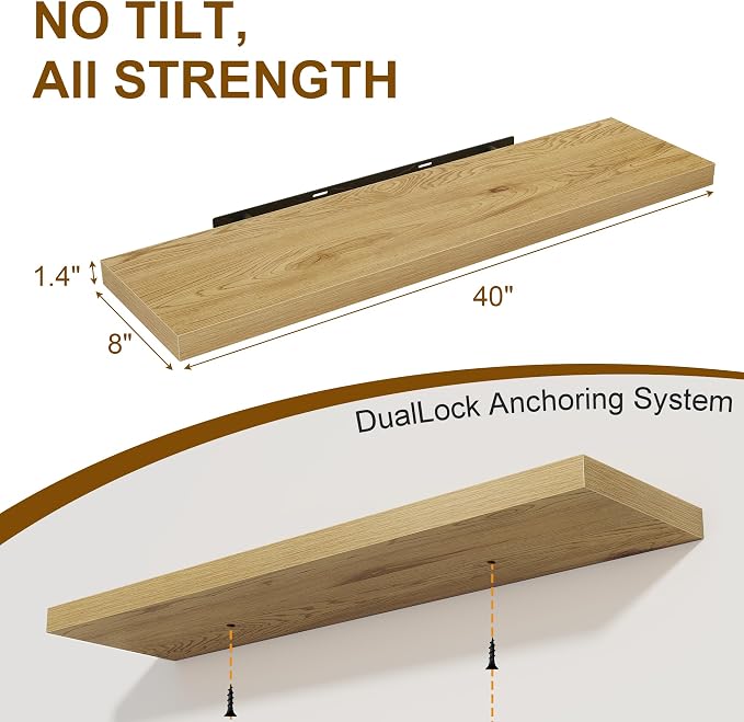 40 Inch Floating Shelves Set of 2, 8 Inch Deep Wall Shelf, Rustic Wood Storage - Image 3