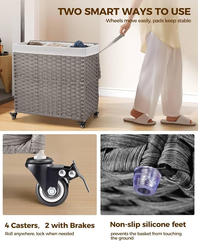 GREENSTELL Laundry Hamper with Wheels&Lid, 130L Large 3 Sections Clothes Hamper - Image 3