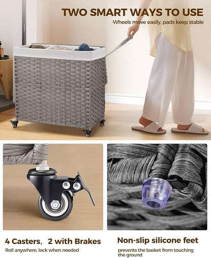 GREENSTELL Laundry Hamper with Wheels&Lid, 130L Large 3 Sections Clothes Hamper - Image 3
