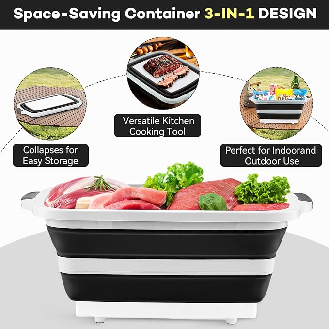 Collapsible BBQ Prep Tub with Cutting Board & Lid – 7.95 Gal / 30L Space-Saving - Image 5