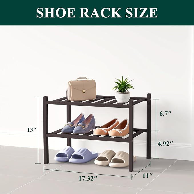Smiry Bamboo Shoe Rack for Closet, 2 Tier Small Wooden Stackable Shoe Organizer - Image 2