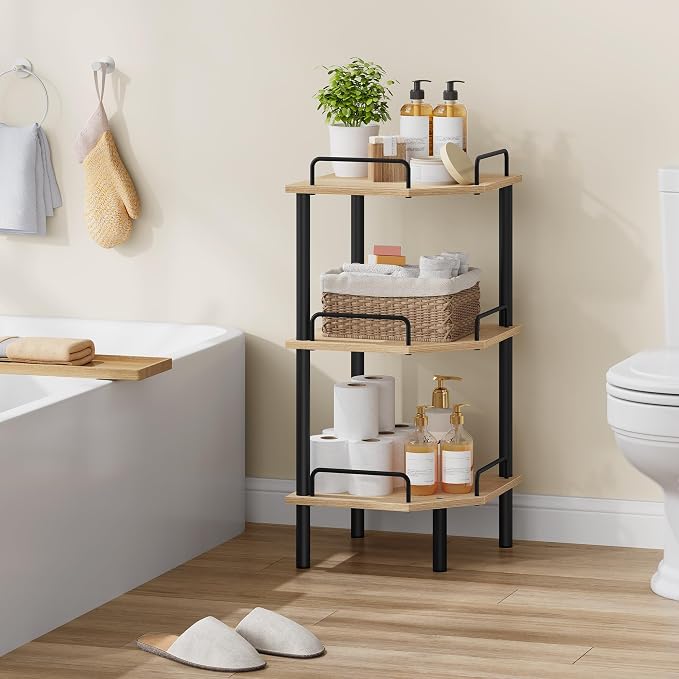 Tajsoon 3 Tier Corner Shelf Stand, Standing Corner Shelf Unit, Natural | Small - Image 8