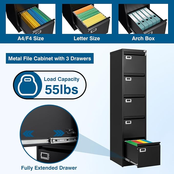 5-Drawer File Cabinet, 16.3" Deep Vertical Metal Filing Cabinet - Image 4