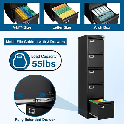5-Drawer File Cabinet, 16.3" Deep Vertical Metal Filing Cabinet - Image 4