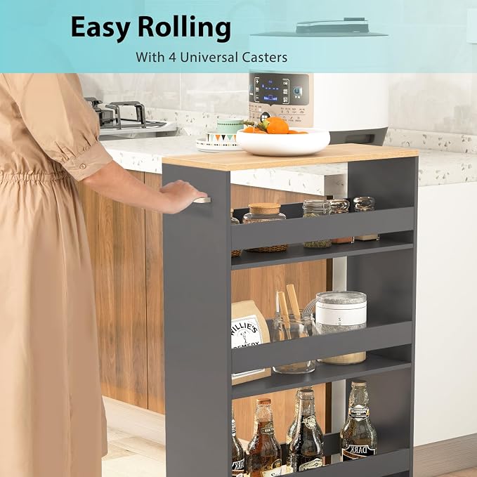 POWERSTONE 4-Tier Slim Storage Cart, Narrow Kitchen Rolling Cart w/Handle & - Image 3