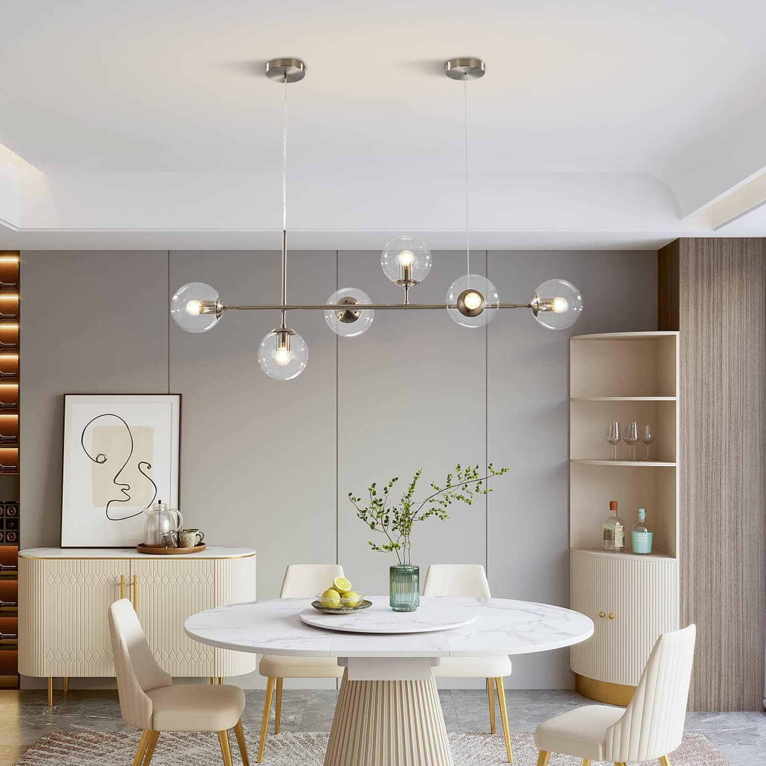 KCO Lighting 6 Light Bubble Glass Pendant Light Mid Century Modern Globe Sputnik Chandelier Linear Chandelier Lighting Brushed Nickel Hanging Light Fixture for Kitchen Island Dining Room