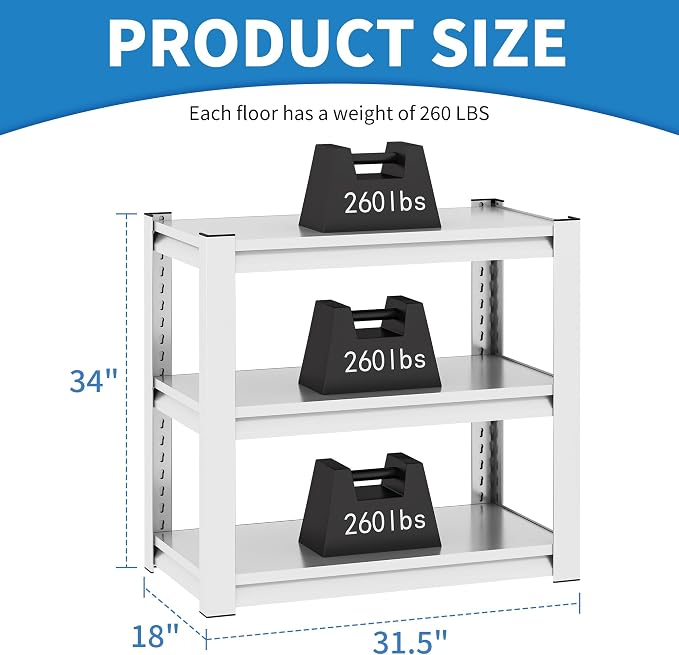 White 3-Tier Metal Shelving Heavy Duty Small Storage Racks, Utility Garage - Image 2