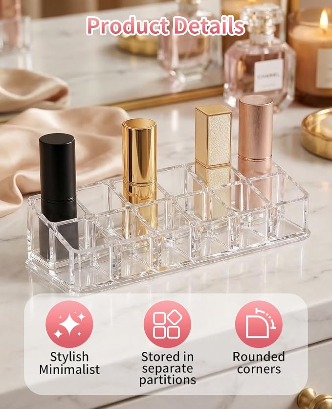 2 Pack 12 Slot Clear Acrylic Lipstick Organizer, Lip Stick Gloss Holder - Image 3