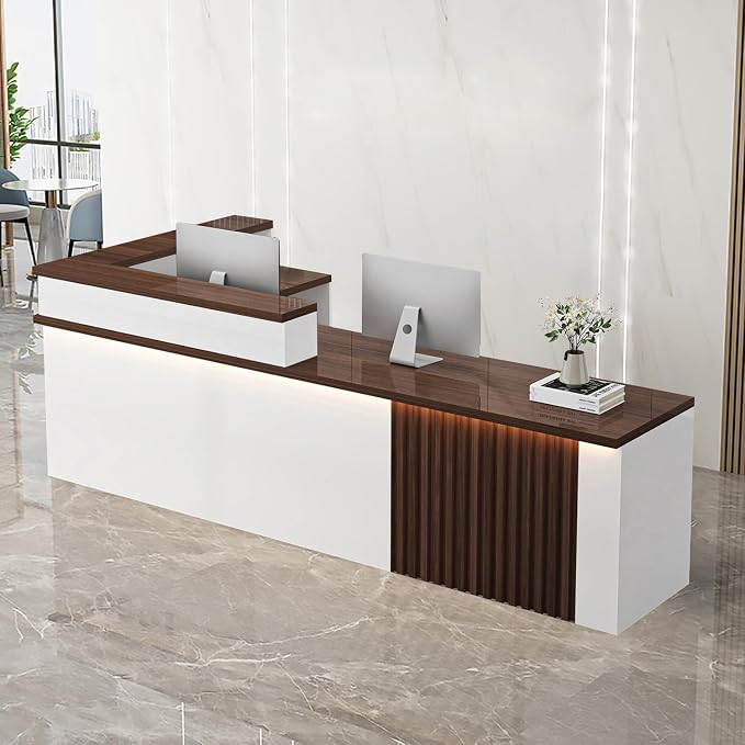 Receptionist Desk with LED Light，Wooden Salon Checkout Counter with Storage by Unknown