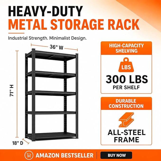 5 Tier Metal Bookshelf, 2 in 1 Adjustable Tall Bookcase, 1500LBS Heavy Duty - Image 2