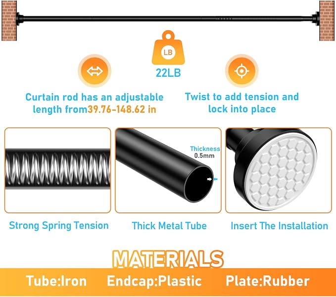MEXAU Black Tension Curtain Rod 40-148 Inch Long Tension Rod 1.26" Spring - Image 5