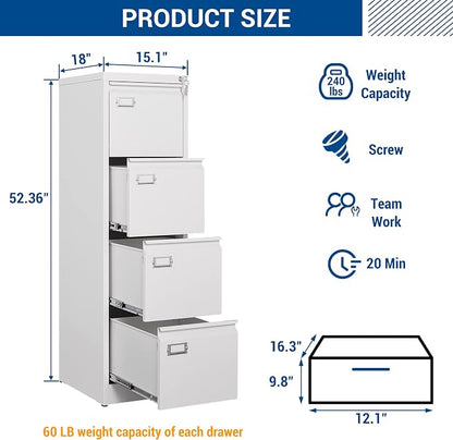 File Cabinets - 4 Drawers Vertical 17.8" Deep Lockable Filing Cabinet - White - Image 3