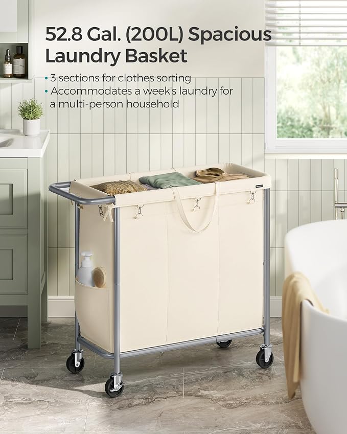 SONGMICS Laundry Basket with Wheels, 3-Section Rolling Laundry Hamper, 52.8 - Image 3