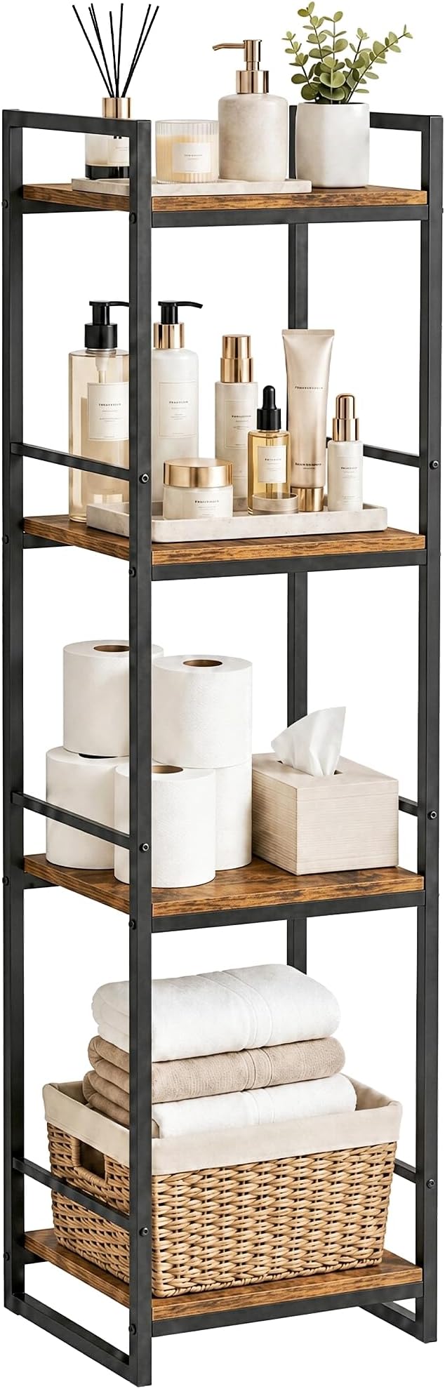 BYFU 4 Tier Bathroom Storage Open Shelf Rustic Brown Metal Corner Rack | 46.1" by BYFU-livingasimplelife