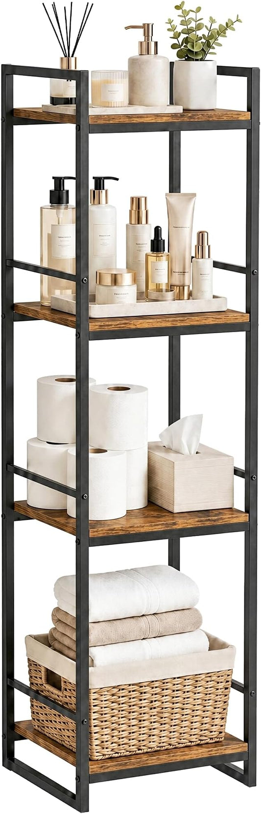 BYFU 4 Tier Bathroom Storage Open Shelf Rustic Brown Metal Corner Rack | 46.1" by BYFU-livingasimplelife
