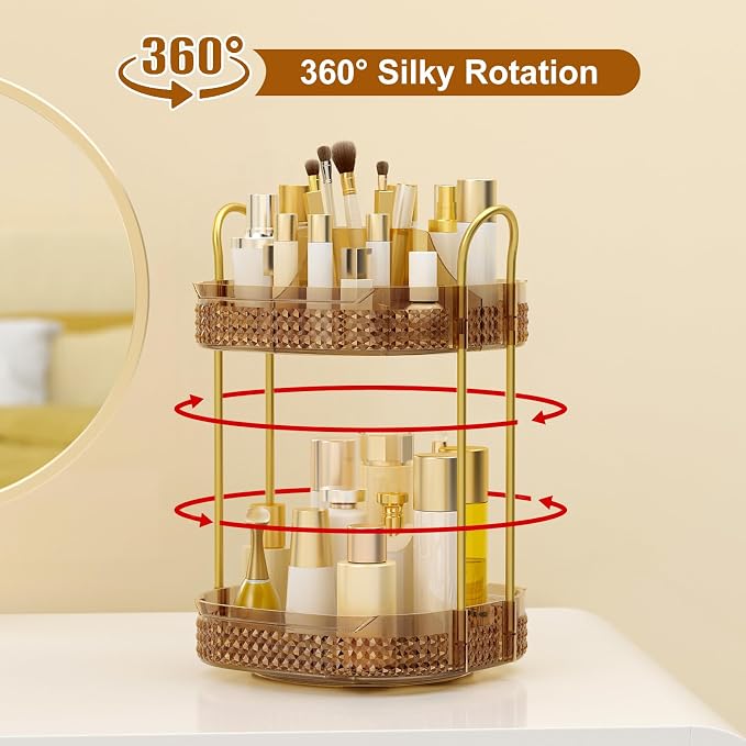 360° Rotating Makeup Organizer 2 Tier, Large Skincare Clear Make Up Storage - Image 4