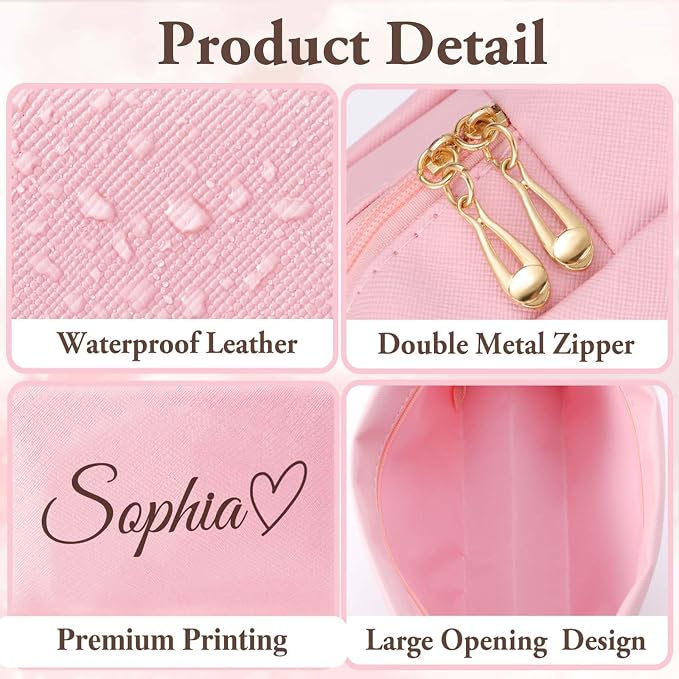 Personalized Makeup Bag with Name & Birth Flower, Custom Leather Cosmetic Bags - Image 5
