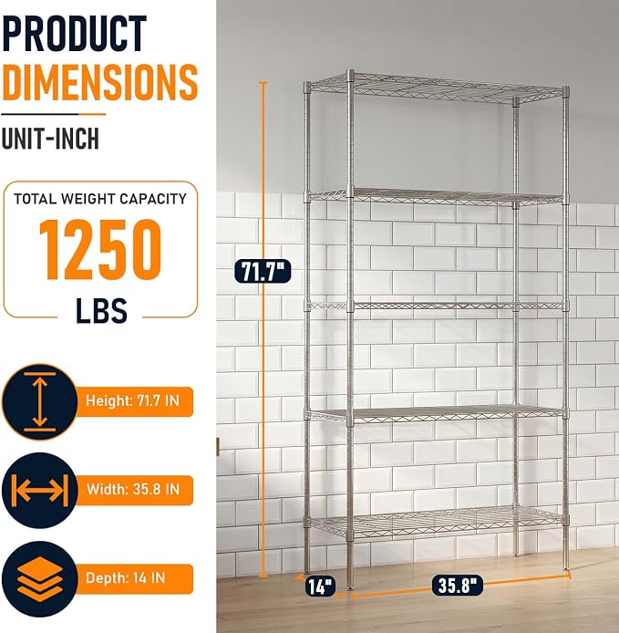 FDW | 5-Tier Wire Shelf | 36" x 14" x 72" | Chrome | Storage Shelves - Image 3