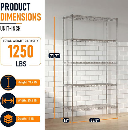 FDW | 5-Tier Wire Shelf | 36" x 14" x 72" | Chrome | Storage Shelves - Image 3