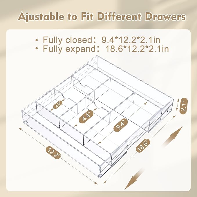 1 Pcs Acrylic Desk Drawer Organizer 2 Inch Height Expandable Drawer Organizer - Image 2