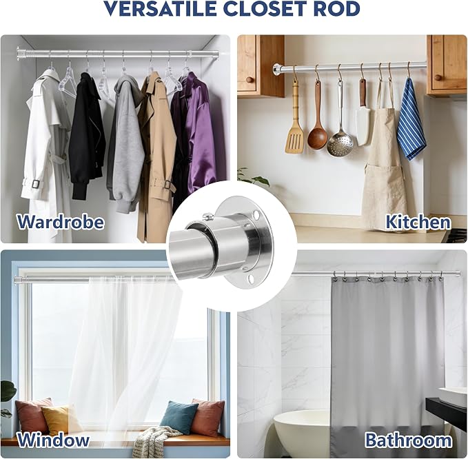 Heavy Duty Closet Rod, Adjustable 17-100 in, 1.3" Diameter | Silver, Suitable - Image 7