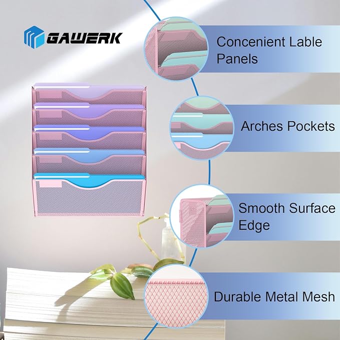 5 Tier Hanging Wall File Organizer, Mesh Mail Paper Orgnization Hanging File - Image 3