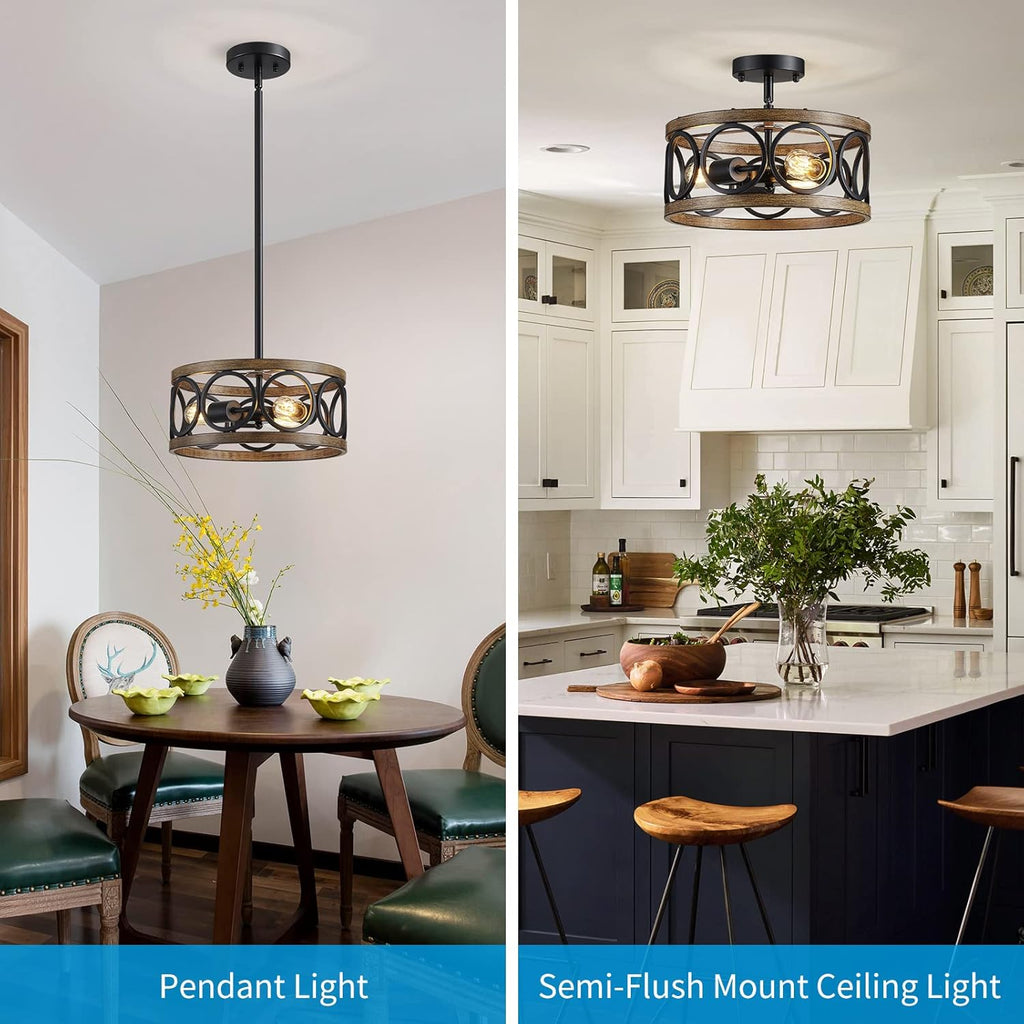 XINGQI Black Ceiling Light Adjustable Height Chandelier Modern Farmhouse Pendant Lighting Fixture Wood Grain Metal 13" Rustic Round Lights for Dining Room Kitchen Bedroom Entryway
