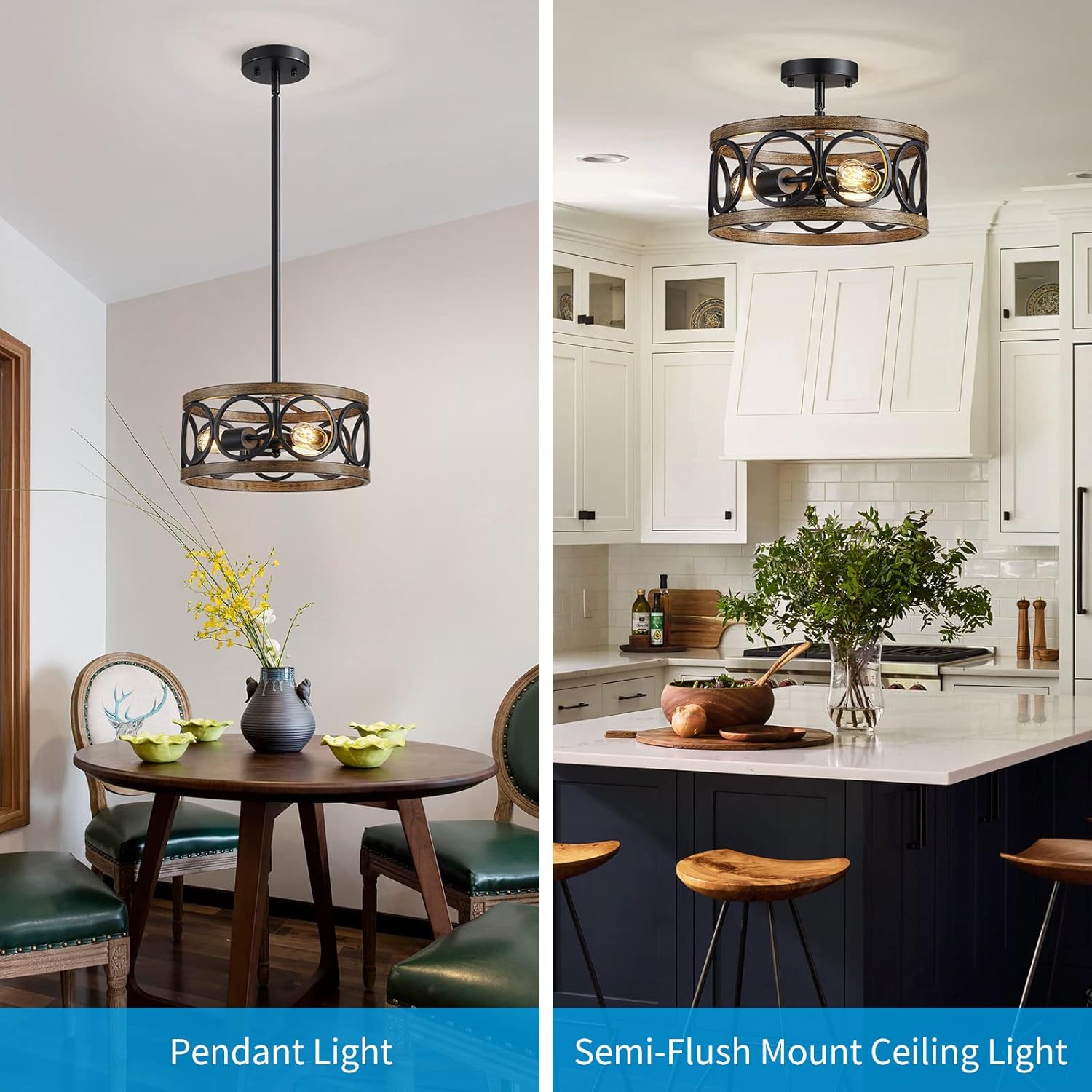 XINGQI Black Ceiling Light Adjustable Height Chandelier Modern Farmhouse Pendant Lighting Fixture Wood Grain Metal 13" Rustic Round Lights for Dining Room Kitchen Bedroom Entryway