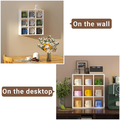 Helsin 9 Grid Vintage Coffee Mug Display Rack, 16inch Wall Mounted Wooden Curio - Image 5