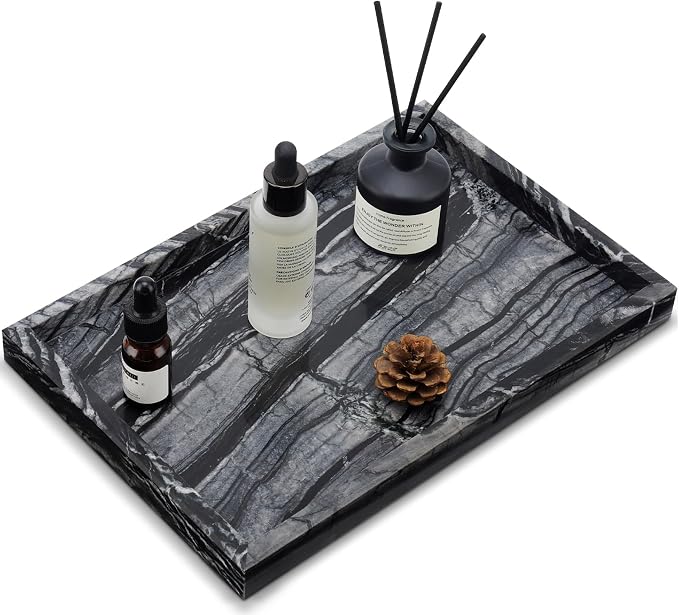 Real Natural Marble Tray for Bathroom, Kitchen and Desktop, Rectangle Genuine by Zilukar